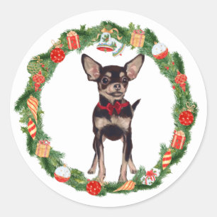 Sticker Rond Chihuahua Chien ornement de Noël Wreath