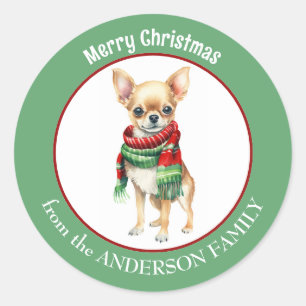 Sticker Rond Chihuahua Chig en rouge et vert Écharpe de Noël