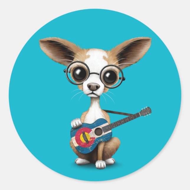 Sticker Rond Chihuahua Chiot Jouant à la guitare du drapeau du  (Devant)