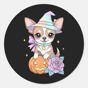 Sticker Rond Chihuahua chiot sorcière citrouille Halloween Kawa