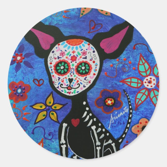 Sticker Rond Chihuahua Dia de los Muertos (Devant)