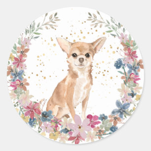 Sticker Rond Chihuahua Fleurs de printemps Chien Wreath