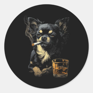 Sticker Rond Chihuahua Fumant une Cigarette Amateur de Whisky C