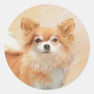 Sticker Rond Chihuahua Peinture de Chien à long Haired Art orig