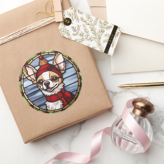 Sticker Rond Chihuahua Vitrail de Noël (Cadeaux)