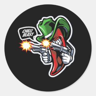 Sticker Rond chili-poivre-mascotte-avec-pistolet-illustration-p