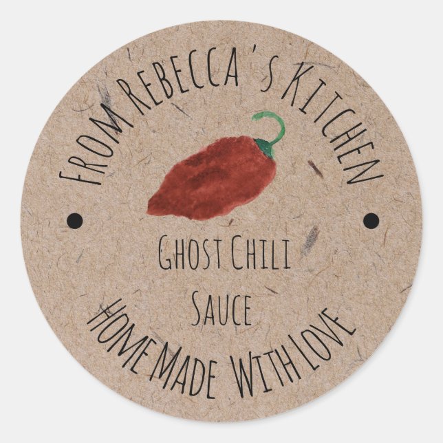 Sticker Rond Chilli Fantôme Sauce Chaude Maison Papier Kraft (Devant)