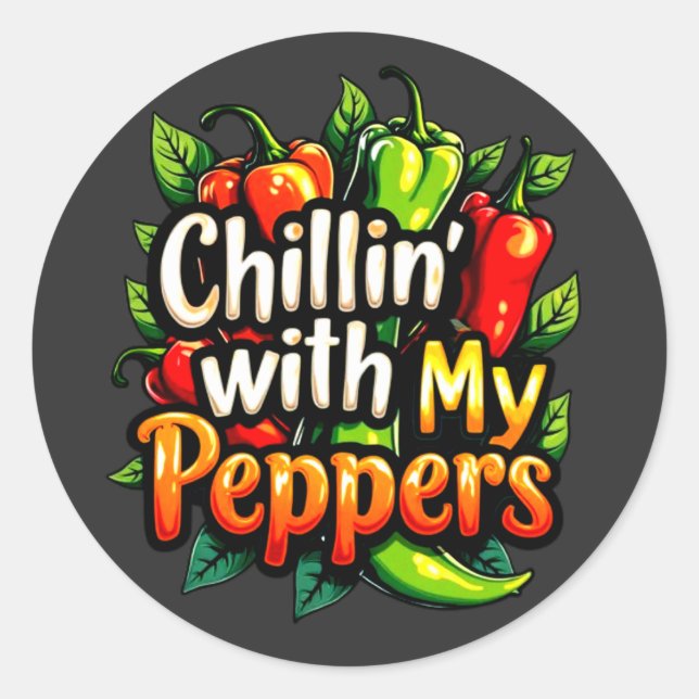 Sticker Rond Chillin' avec mes poivrons - Graphisme chili color (Devant)