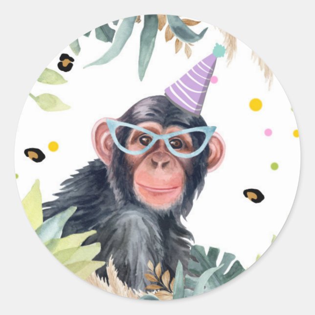 Sticker Rond Chimpanse Singe Safari fête Animal Anniversaire (Devant)