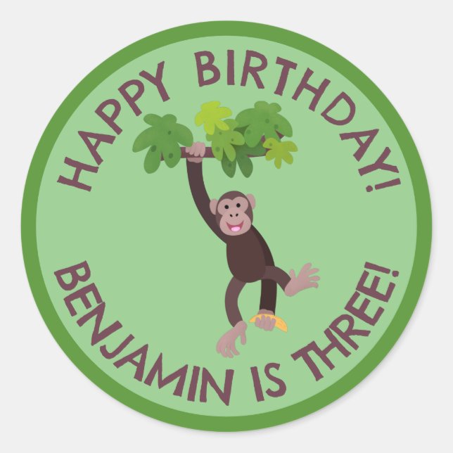 Sticker Rond Chimpanzé mignon dans la jungle anniversaire perso (Devant)