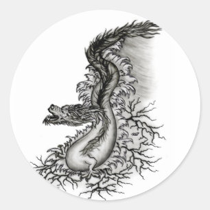 Sticker Rond Chine Dragon, noir et blanc Design en Tattoostyl