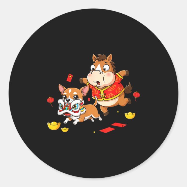 Sticker Rond Chinese Horse Chihuahua Funny Kid Mens Womens Happ (Devant)