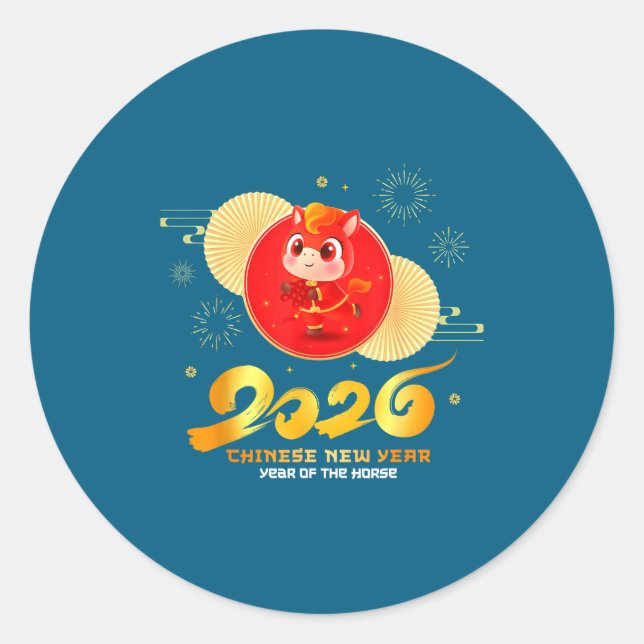 Sticker Rond Chinese New Year 2026 Year Of The Horse Cartoon Cu (Devant)
