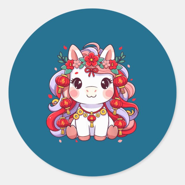 Sticker Rond Chinese New Year Of The Horse 2026 Women Girls  (Devant)
