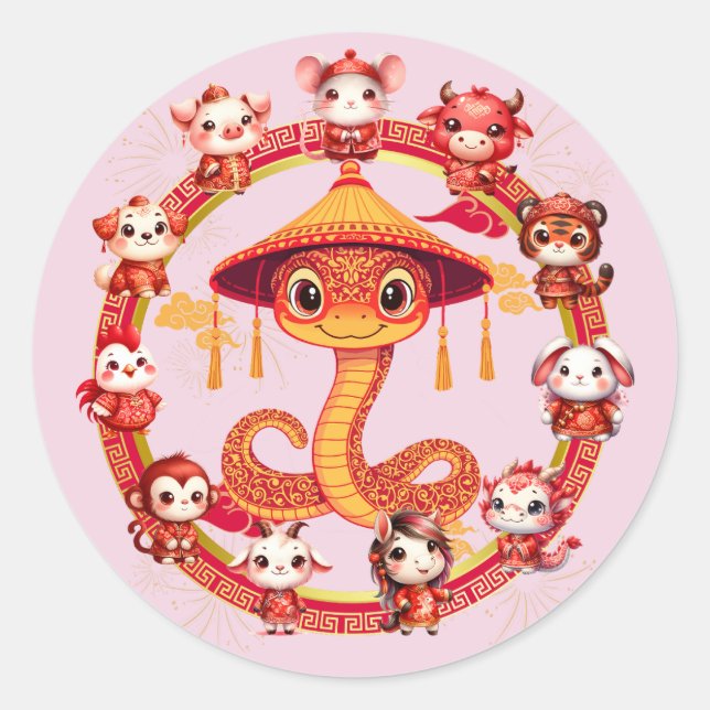 Sticker Rond Chinois Lunaire Conception du serpent du Nouvel An (Devant)