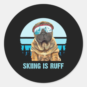 Sticker Rond Chinois Shar-Pei Ski D'Hiver Est Ruff Ski Chien Lo