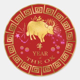 Sticker Rond Chinois Zodiac Ox Rouge/Or ID542