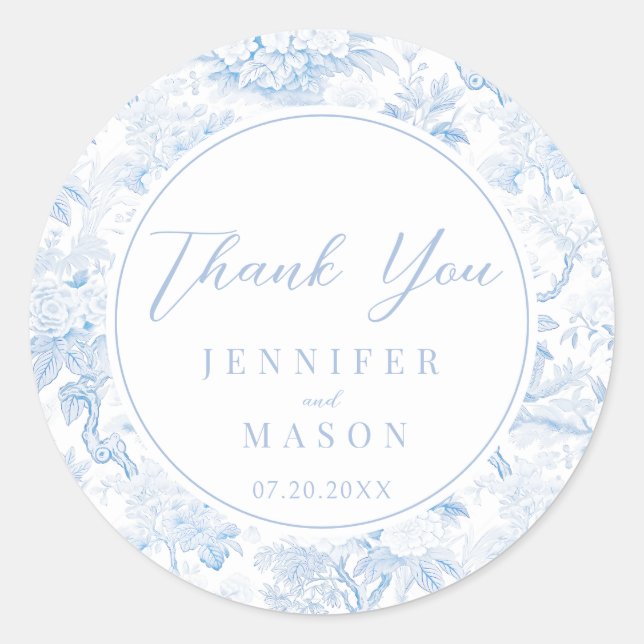 Sticker Rond Chinoiserie bleu clair Merci Mariage Floral (Devant)
