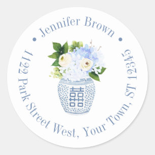 Sticker Rond Chinoiserie Chic Blue White Floral Adresse de reto