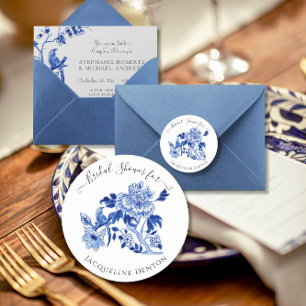 Sticker Rond Chinoiserie Floral Blue White Bird Fête des mariée