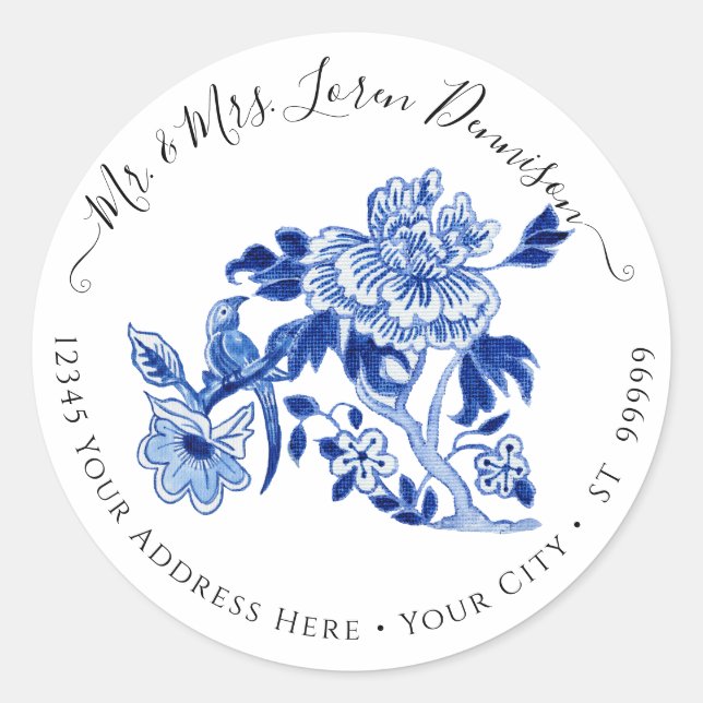 Sticker Rond Chinoiserie Floral Foliage Blue White Bird Wedding (Devant)