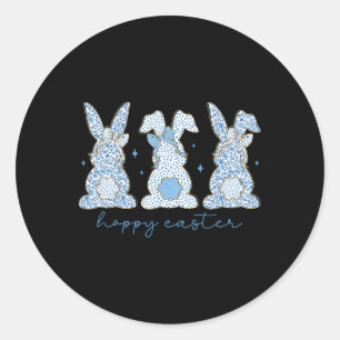 Sticker Rond Chinoiserie Florale Bleue Joyeuse Pâques Trois Bun