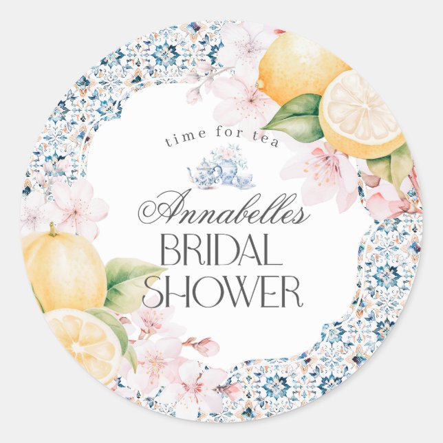 Sticker Rond Chinoiserie Lemon Tea Bridal Showeuse Invitation (Devant)