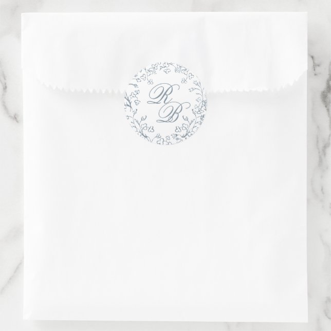 Sticker Rond Chinoiserie romantique Initiale bleue Mariage (Sac)