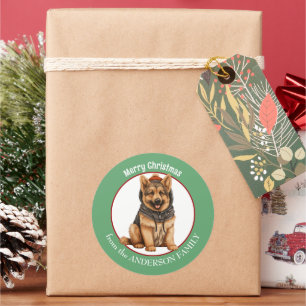 Sticker Rond Chiot berger allemand en veste de cuir Noël