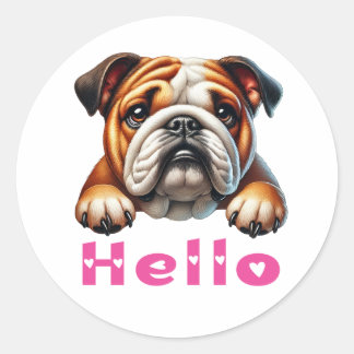 Sticker Rond Chiot Bouledogue Mignon  Chien d'Amour Bonjour 