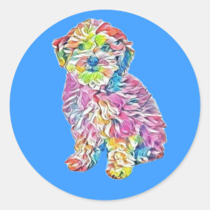 Sticker Rond Chiot croisé de Havanais et de Poodle assis à no