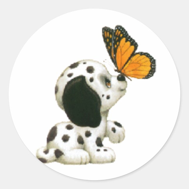 Sticker Rond Chiot dalmatien avec le papillon (Devant)