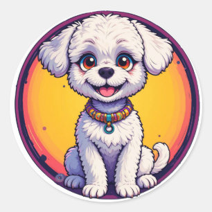Sticker Rond Chiot de dessin animé adorable avec des yeux brill