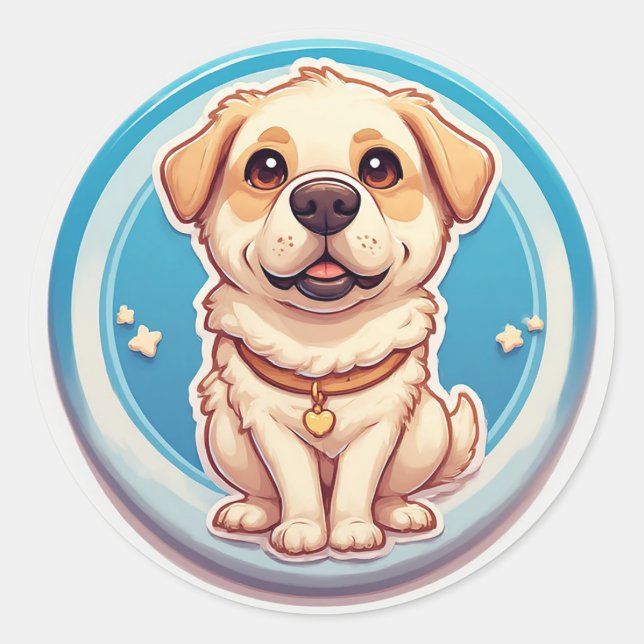Sticker Rond Chiot de dessin animé joueur assis (Devant)