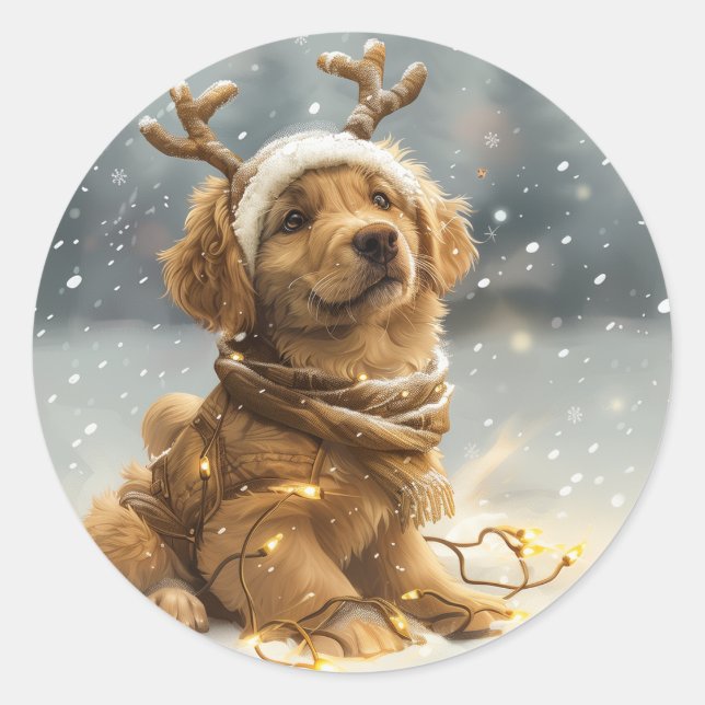 Sticker Rond Chiot de Noël Golden Retriever (Devant)