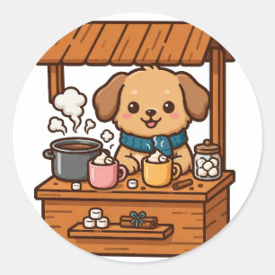 Sticker Rond Chiot de stand de cacao de Noël