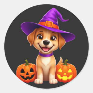Sticker Rond Chiot d'Halloween avec chapeau de sorcière et citr