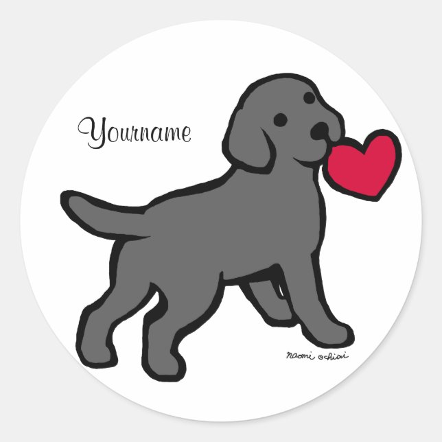 Sticker Rond Chiot et coeur rouge du Black Lab personnalisé (Devant)