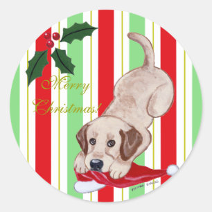 Sticker Rond Chiot jaune du Labrador et chapeau de Noël