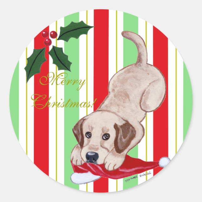 Sticker Rond Chiot jaune du Labrador et chapeau de Noël (Devant)