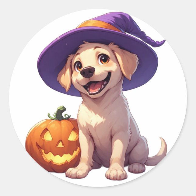 Sticker Rond Chiot Labrador Halloween avec citrouille Jack O La (Devant)