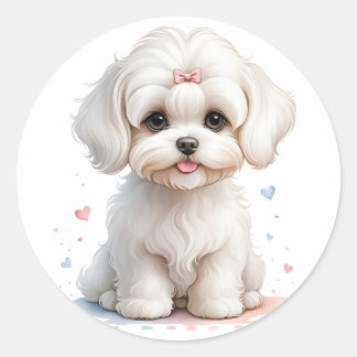 Sticker Rond Chiot maltais avec botte rose