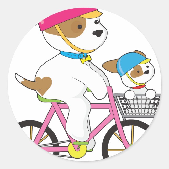 Sticker Rond Chiot mignon à vélo (Devant)