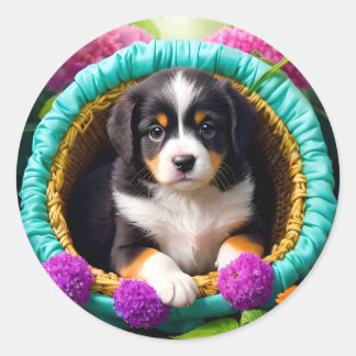 Sticker Rond Chiot mignon dans un panier de fleurs