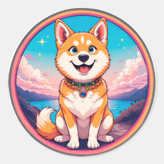 Sticker Rond Chiot mignon design coloré de style cartoon