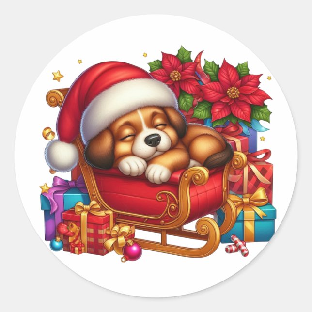 Sticker Rond Chiot mignon et traîneau (Devant)