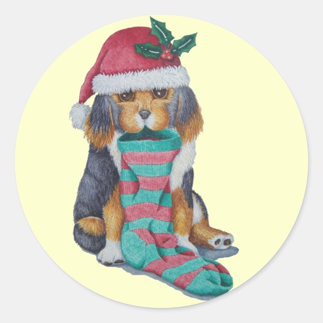 Sticker Rond chiot noir et brun mignon vêtu pour noël (Devant)