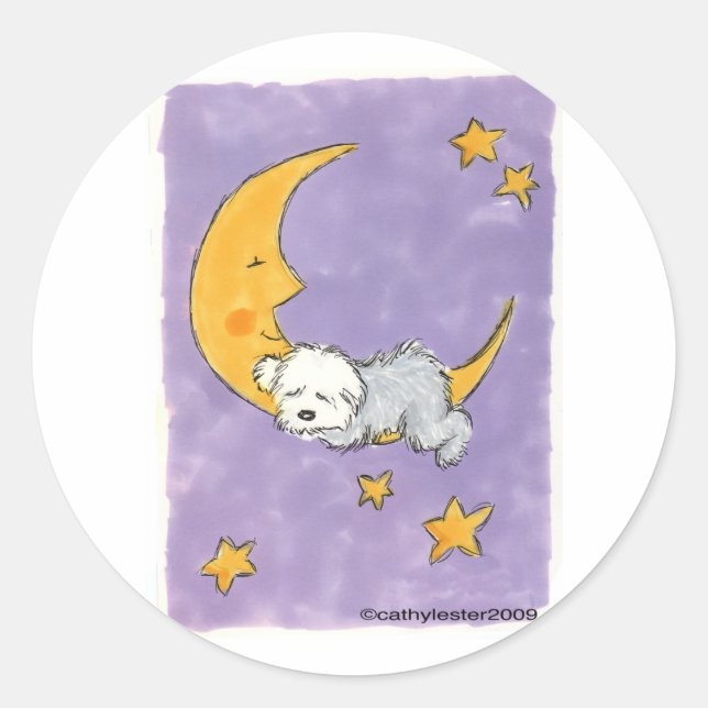 Sticker Rond Chiot qui dort sur la lune (Devant)