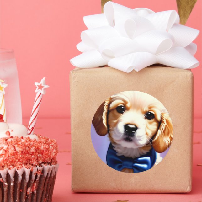 Sticker Rond Chiot souple adorable avec jolie Cravate de Bow bl (Fête)