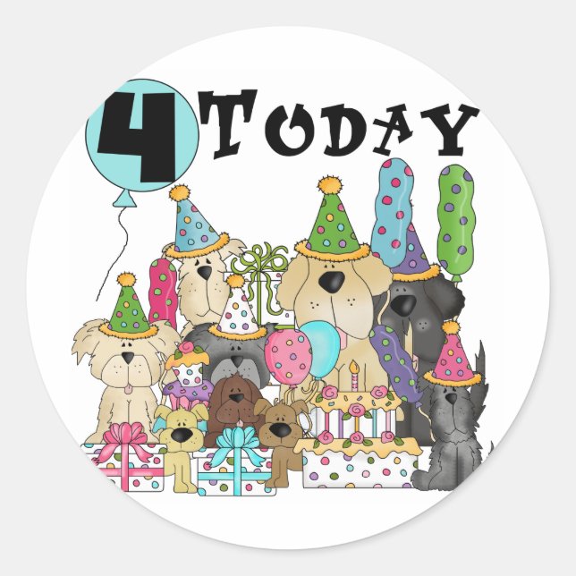 Sticker Rond Chiots 4e anniversaire Bash Tshirts et cadeaux (Devant)
